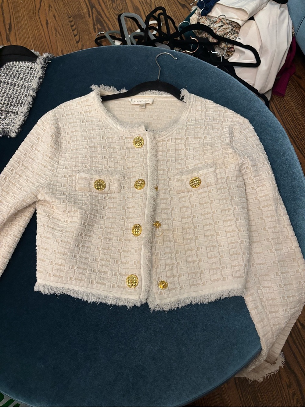 Ronny Kobo Ivory Tweed Jacket with Gold Buttons